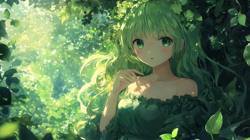 Green haired girl in dense forest foliage with dappled light.