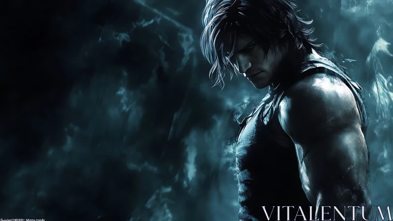 Brooding warrior stands strong in a storm of blue shadows.