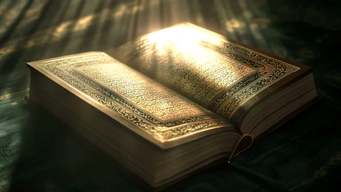 Golden light over an open Quran invites quiet reflection.