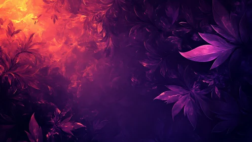 Vivid purple foliage silhouettes glow against molten orange sky