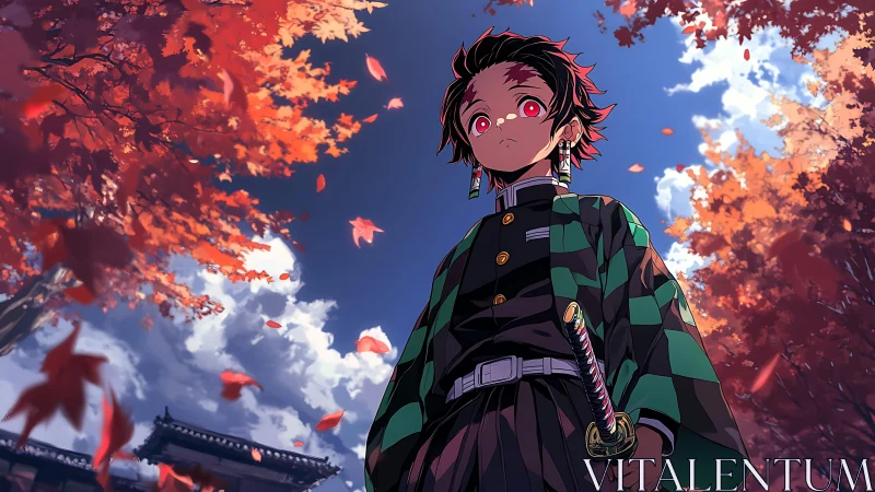Anime hero low-angle portrait under vivid autumn canopy.