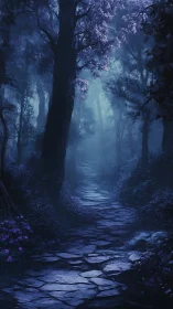 Moonlit Forest Path Through Ancient Trees.