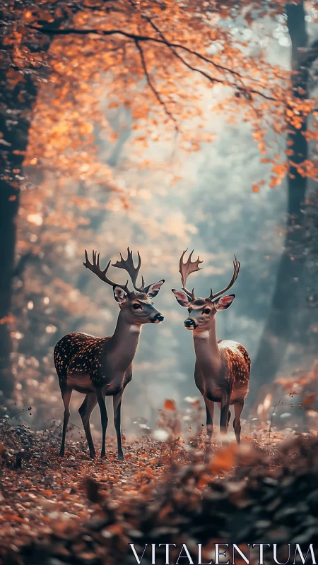 Two spotted deer standing alert in soft autumn forest light.