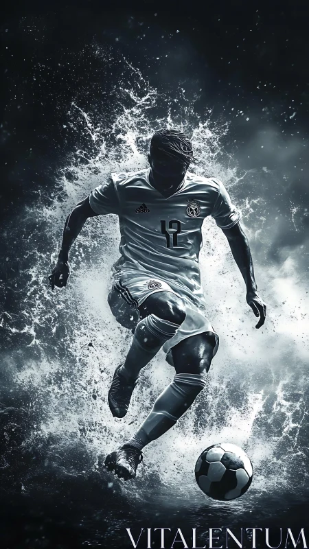 Silhouetted soccer player charges forward through water splash