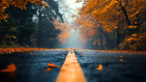 Wet asphalt road through autumn forest with low viewpoint.