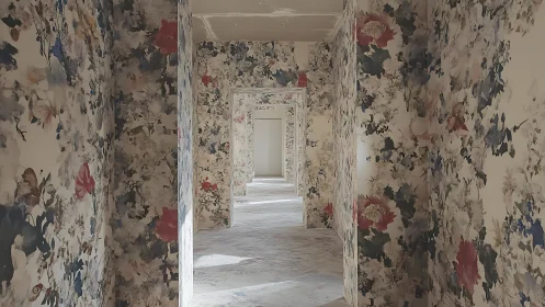 Corridor shows repeating floral wallpapered doorways in depth