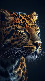 Majestic leopard profile under dramatic low key lighting.