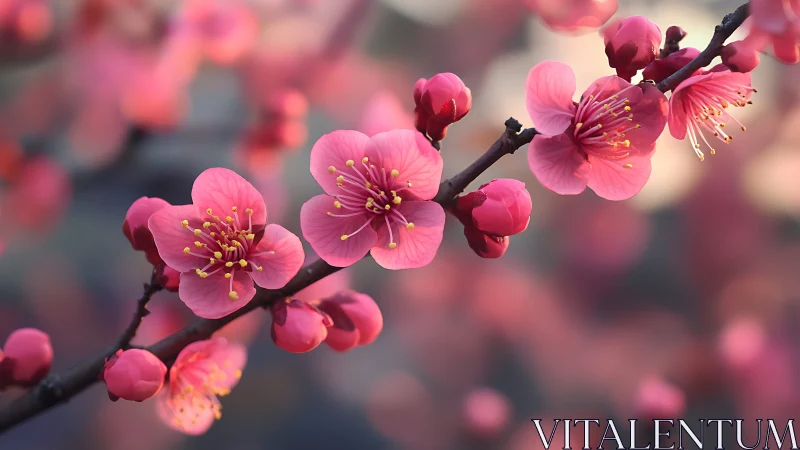 Pink flowering branch with yellow stamen detail and blurred background.