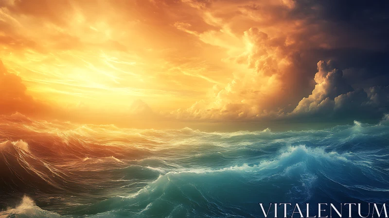 Dramatic ocean waves under vivid golden storm sky.