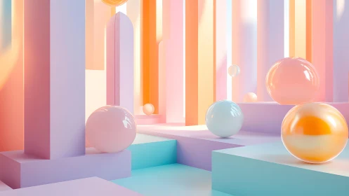 Pastel geometric atrium with glossy spheres in soft global light