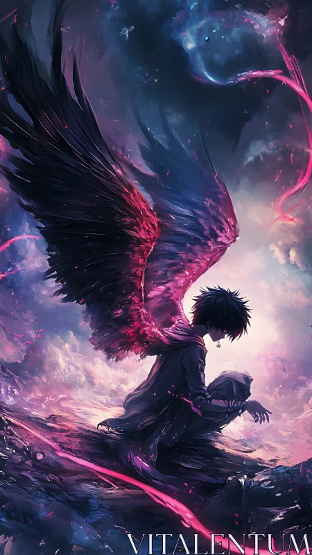 Fallen dusk angel broods beneath a storm of cosmic embers.