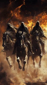 Hooded spectral horsemen charge through infernal stormfield.