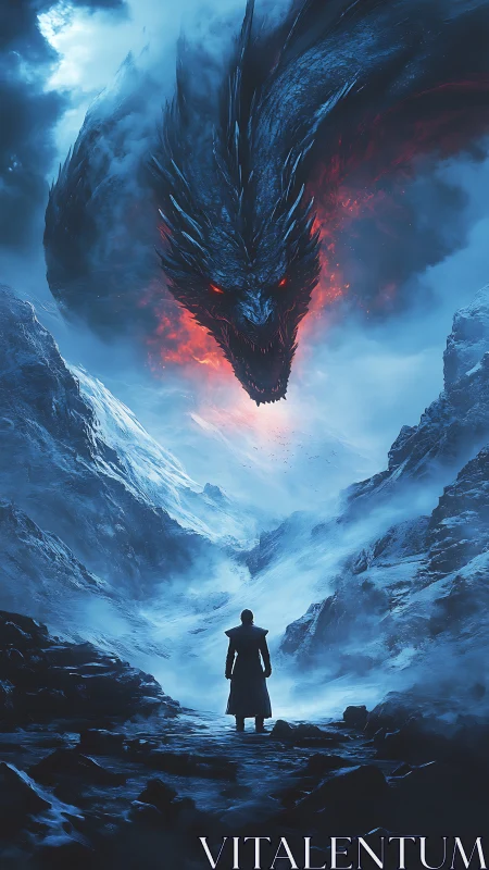 Lone wanderer meets a blazing ice valley dragon in twilight.