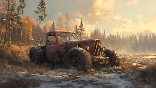Rusty off-road truck under golden winter forest light.