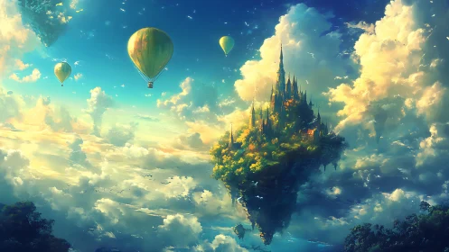 Floating island castle with hot air balloons in clouds.