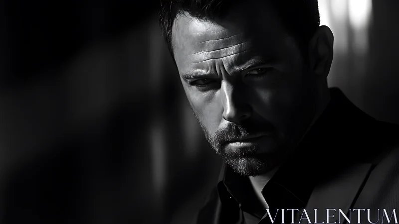 Male subject is shown in high-contrast monochrome close-up