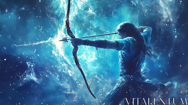 Celestial archer draws luminous bow within cosmic vortex.