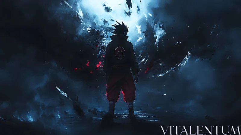 Solitary anime figure in stormy blue and red energy field.