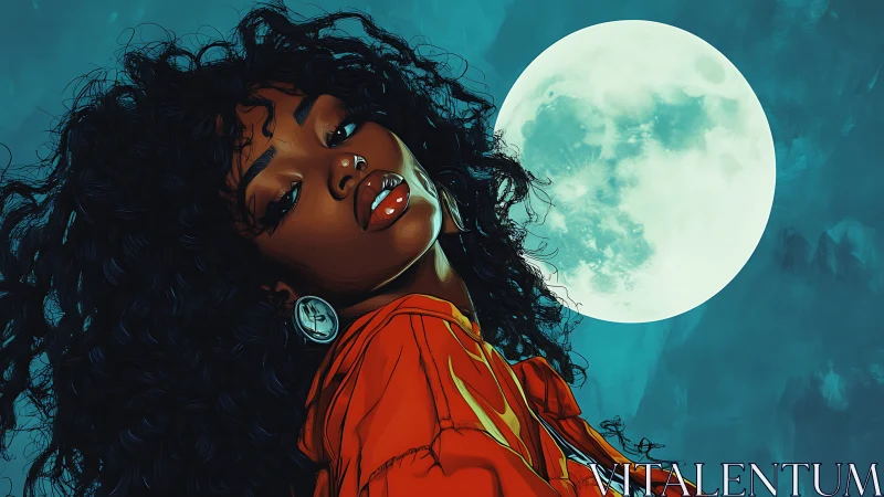 Curly haired woman in red jacket rendered against luminous full moon