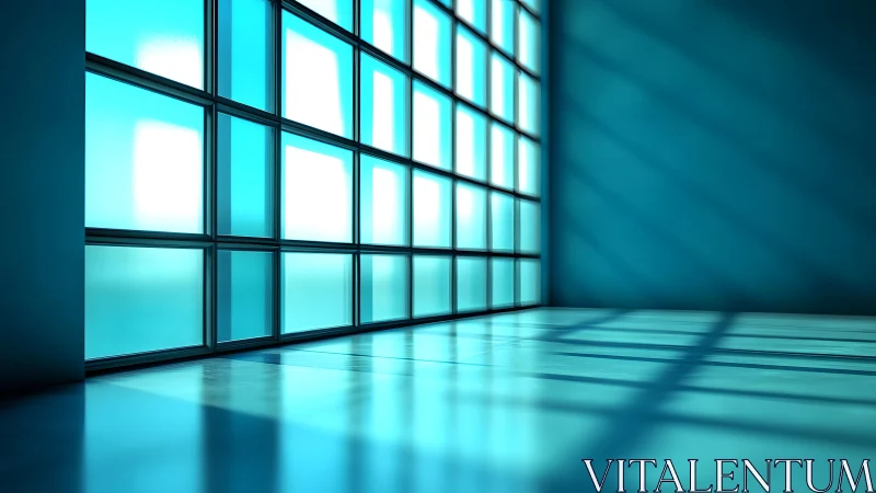 Sunlit Modern Room with Blue Glass Grid Windows, Minimalist Style.