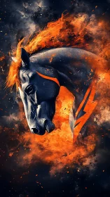 Fire-maned midnight charger erupts from stormy smoke veil
