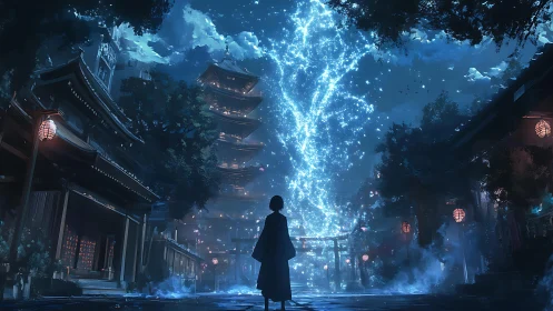 Silhouetted figure beneath luminous sky in temple street.