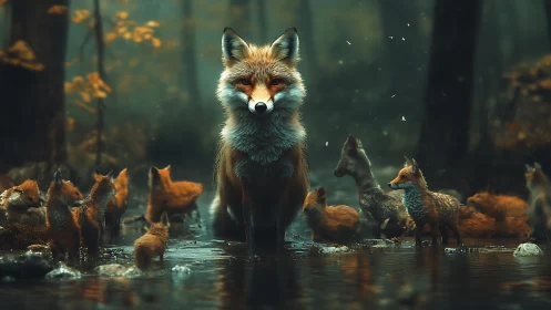Gentle fox family gathers quietly beside a misty forest stream