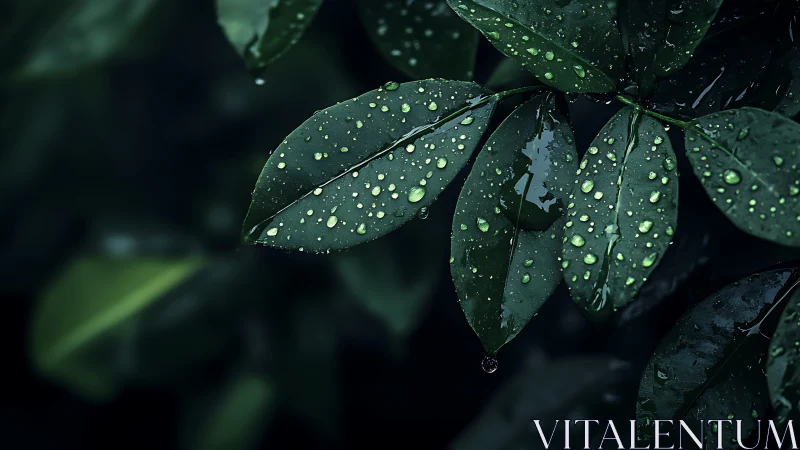 Raindrops cling to deep green leaves in tranquil shadow