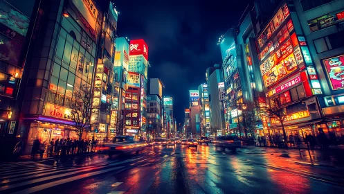 Neon illuminated urban street at night with reflective roadway.