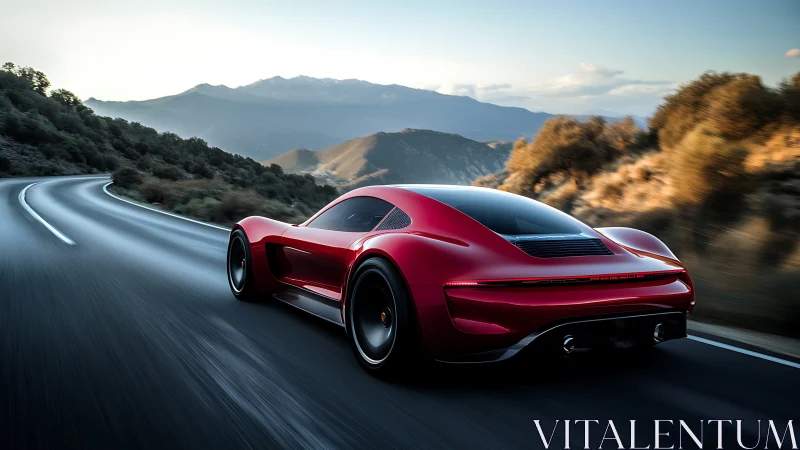 Scarlet supercar carves silver roads through mountain dusk