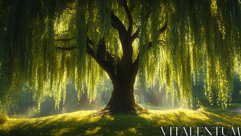 Sunlit willow tree with cascading green canopy at dawn.