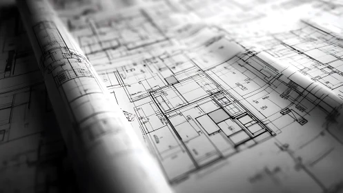Architectural Blueprints Rolled and Layered on Design Surface.