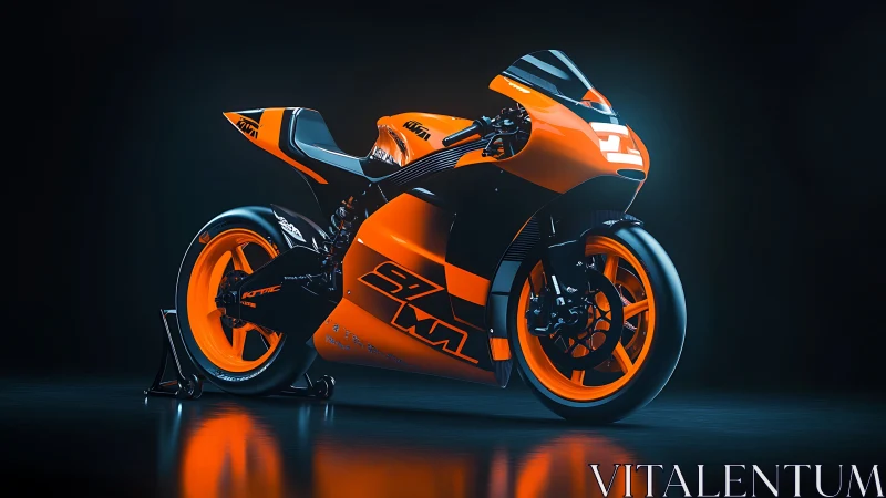 Orange and black racing motorcycle on dark reflective studio
