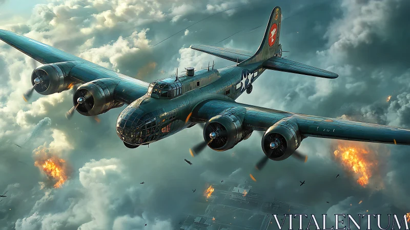 Wartime bomber aircraft cuts through heavy clouds under fire