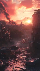Postwar urban ruin under smoke-filled sunset sky glow