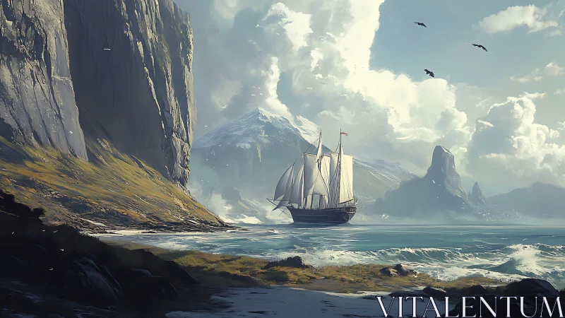 Tall ship sails past steep coastal cliffs toward icy mountains