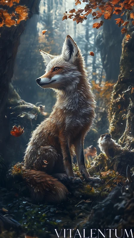 Alert fox rests in misty autumn forest with soft light