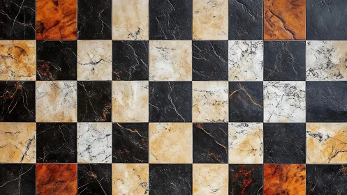 Checkered Marble Tile Pattern in Warm and Dark Tones, Top View.