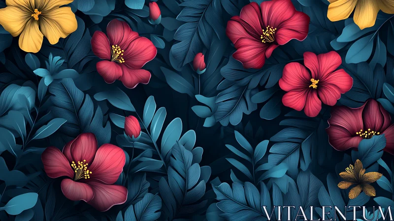 Dimensional floral composition with magenta blooms against deep teal foliage.