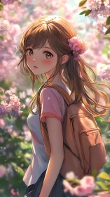 Spring twilight stroll with shy schoolgirl among blossoms.