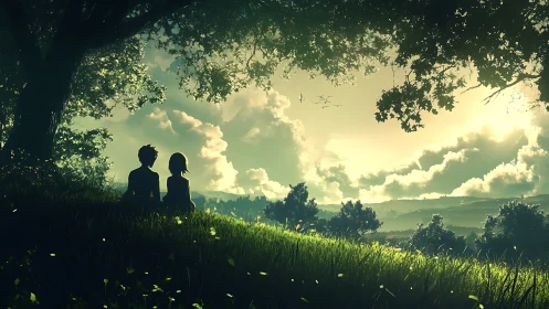Quiet sunset hillside where two friends share soft dreams.