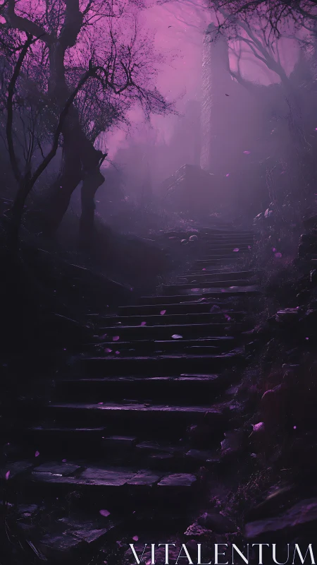 Enchanted stone stairway ascending through violet mist.
