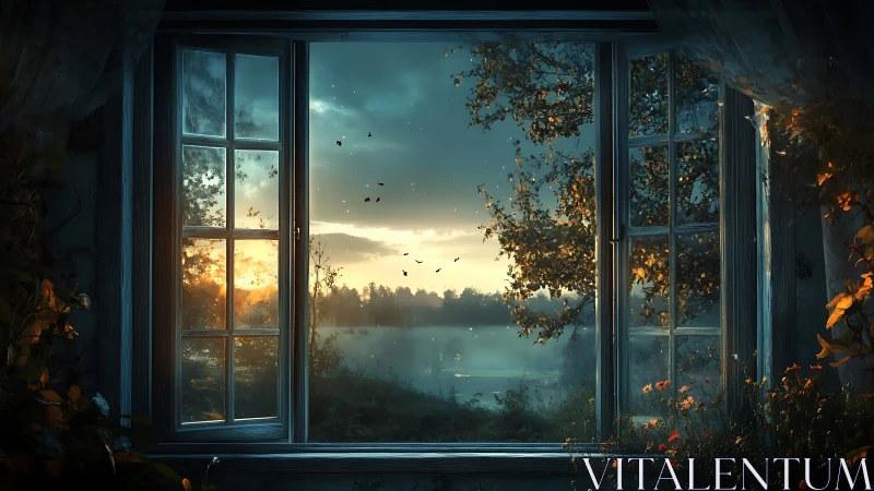 Twilight-lake vista through symmetrically framed cottage window.