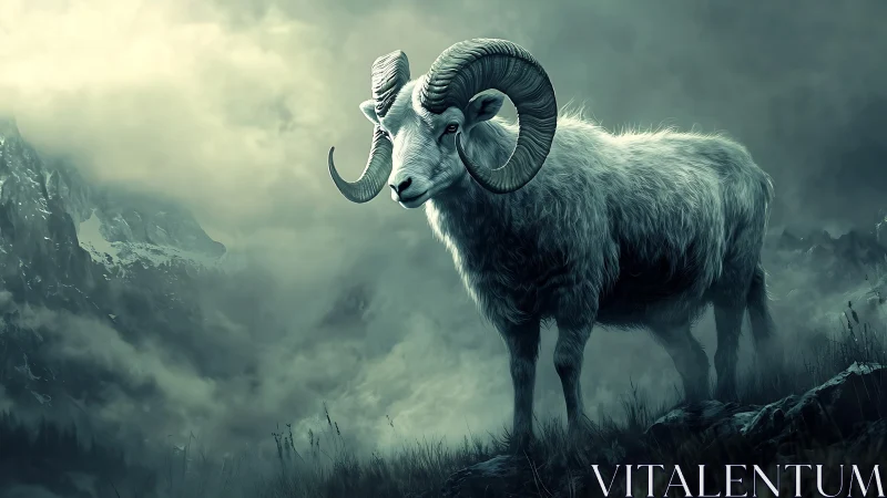 Mountain ram on rocky slope in misty, overcast terrain.