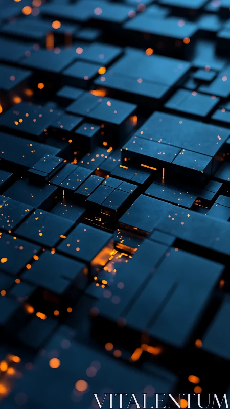 3D modular data grid with luminous cyber circuits glow.