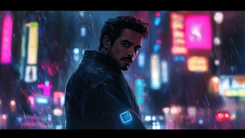 Man in neon city at night under rain, cyberpunk mood.