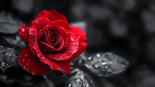 Red rose with water droplets on petals.