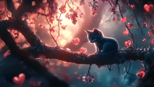 Cat Perched on Branch Surrounded by Luminous Hearts and Blossoms