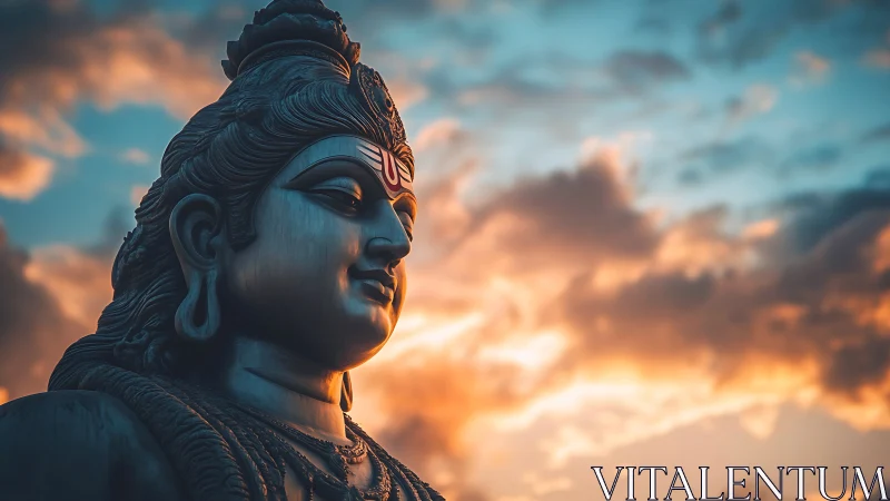 Monumental deity profile under volumetric sunset cloudfield.