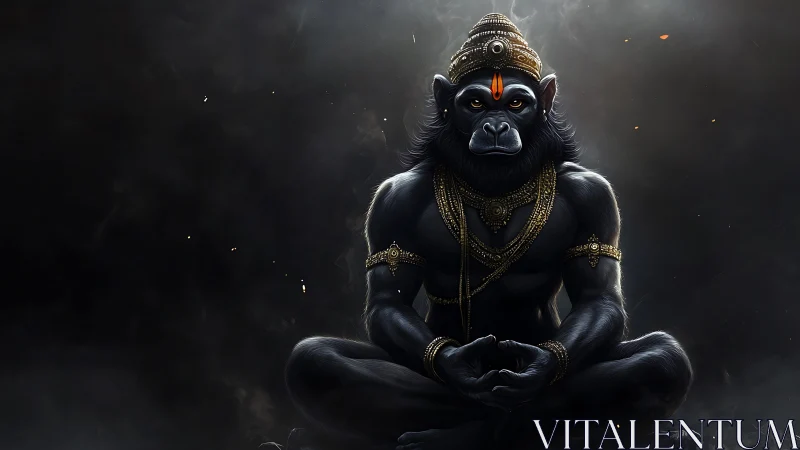 Mythic simian deity in meditative pose rendered with chiaroscuro